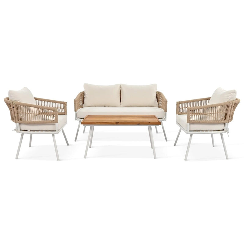 Beige 4-Piece Boho Outdoor Patio Conversation Set with Acacia Wood Table, Handmade PP Rope and Metal Frame, Adjustable Feet
