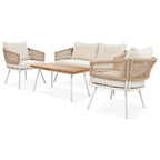 Beige 4-Piece Boho Outdoor Patio Conversation Set with Acacia Wood Table, Handmade PP Rope and Metal Frame, Adjustable Feet