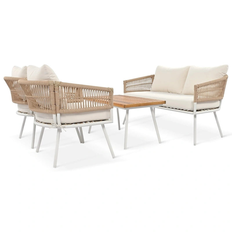 Beige 4-Piece Boho Outdoor Patio Conversation Set with Acacia Wood Table, Handmade PP Rope and Metal Frame, Adjustable Feet