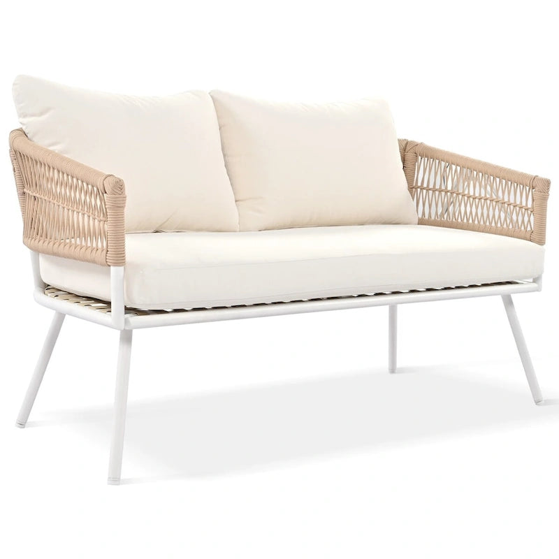Beige 4-Piece Boho Outdoor Patio Conversation Set with Acacia Wood Table, Handmade PP Rope and Metal Frame, Adjustable Feet