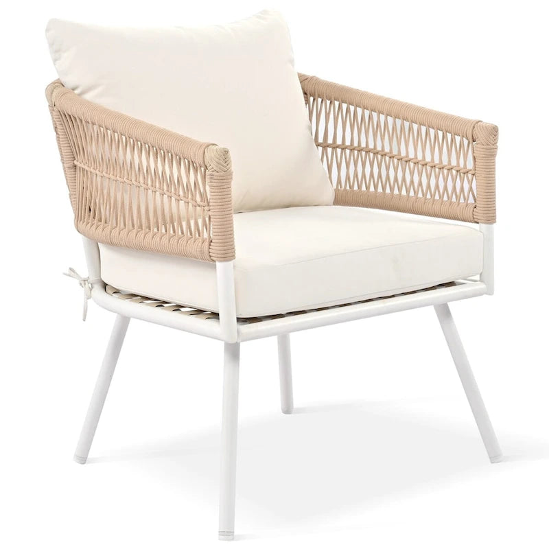 Beige 4-Piece Boho Outdoor Patio Conversation Set with Acacia Wood Table, Handmade PP Rope and Metal Frame, Adjustable Feet