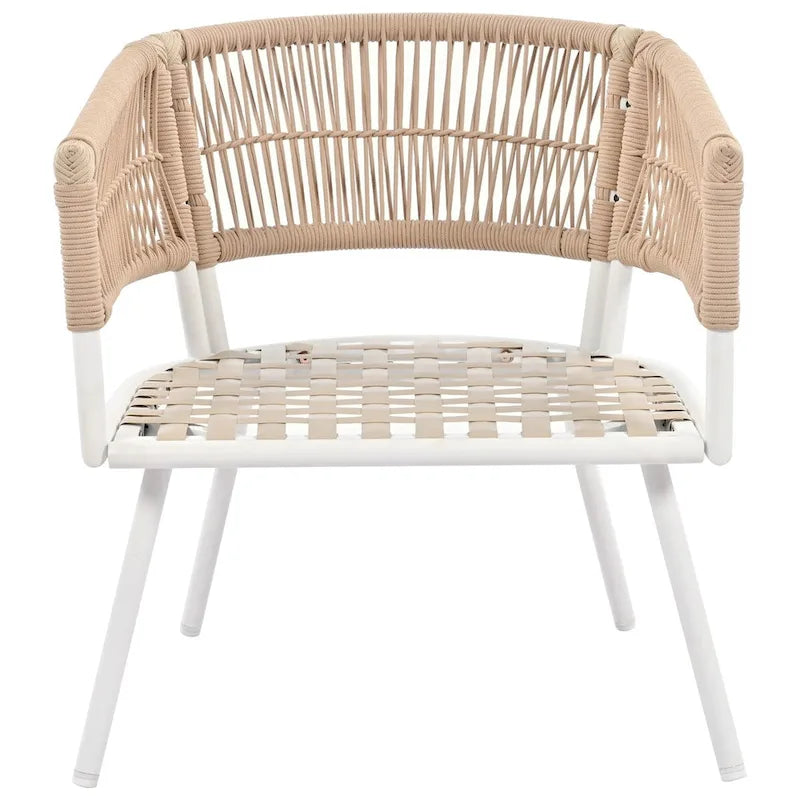 Beige 4-Piece Boho Outdoor Patio Conversation Set with Acacia Wood Table, Handmade PP Rope and Metal Frame, Adjustable Feet