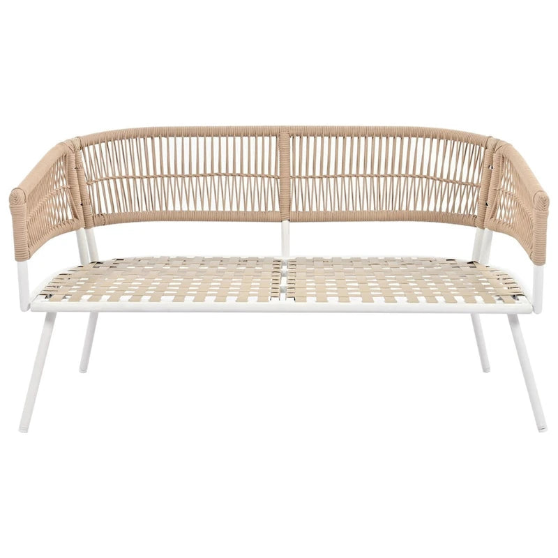 Beige 4-Piece Boho Outdoor Patio Conversation Set with Acacia Wood Table, Handmade PP Rope and Metal Frame, Adjustable Feet