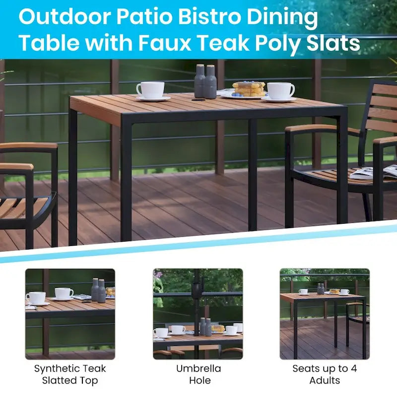 Black Steel Framed 36 Square Faux Teak Table with Umbrella Hole & 4 Club Chairs