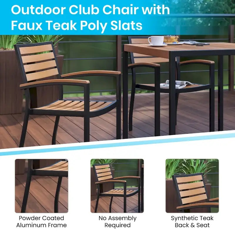 Black Steel Framed 36 Square Faux Teak Table with Umbrella Hole & 4 Club Chairs