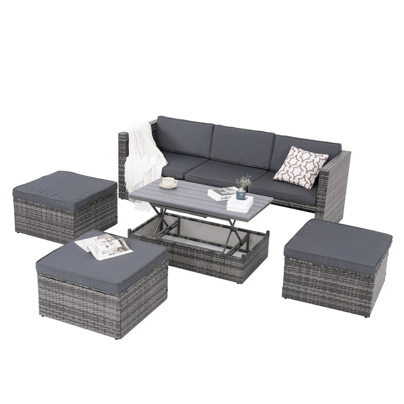 Patio Outdoor Furniture,Seasonal PE Wicker Furniture,5 Set Wicker Furniture,Plywood lift TOP Coffee Table,with Lounger Sofa