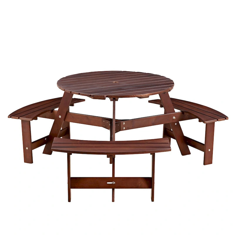 Outdoor 6 Person Picnic Table with 3 Built-in Benches and Umbrella Hole