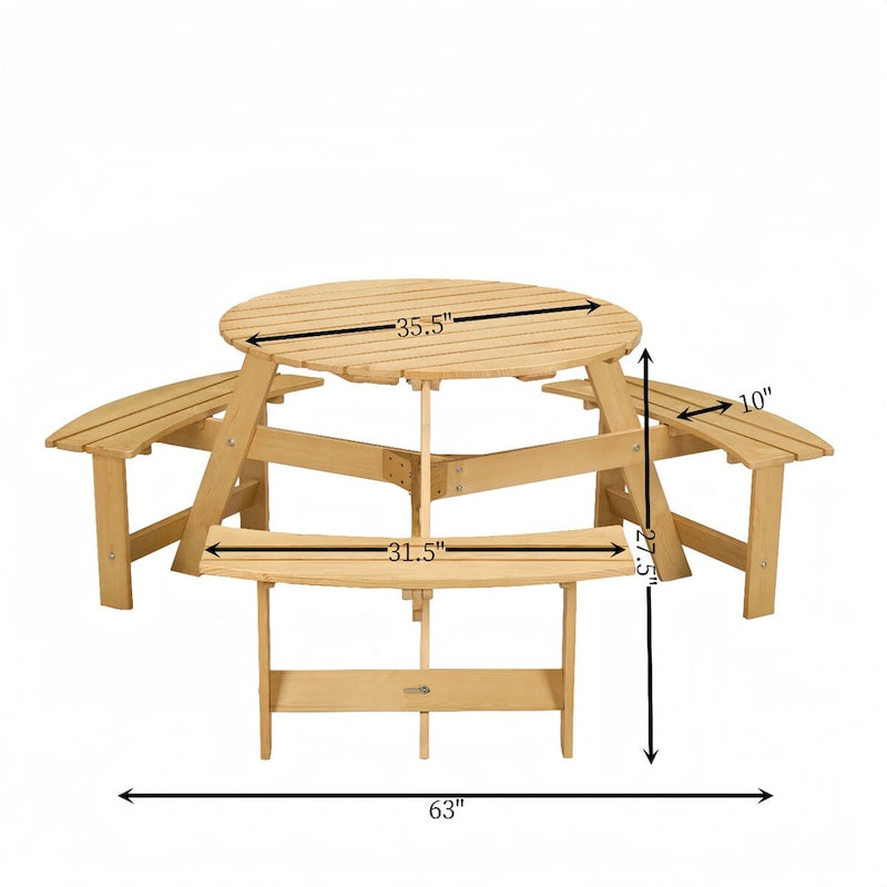 Outdoor 6 Person Picnic Table with 3 Built-in Benches and Umbrella Hole