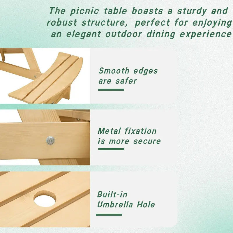 Outdoor 6 Person Picnic Table with 3 Built-in Benches and Umbrella Hole