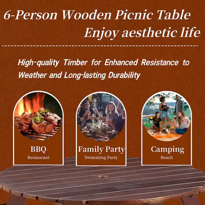 Outdoor 6 Person Picnic Table with 3 Built-in Benches and Umbrella Hole