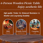 Outdoor 6 Person Picnic Table with 3 Built-in Benches and Umbrella Hole