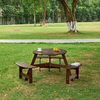 Outdoor 6 Person Picnic Table with 3 Built-in Benches and Umbrella Hole