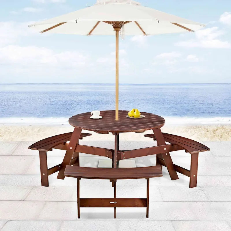 Outdoor 6 Person Picnic Table with 3 Built-in Benches and Umbrella Hole