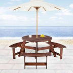 Outdoor 6 Person Picnic Table with 3 Built-in Benches and Umbrella Hole