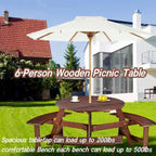 Outdoor 6 Person Picnic Table with 3 Built-in Benches and Umbrella Hole