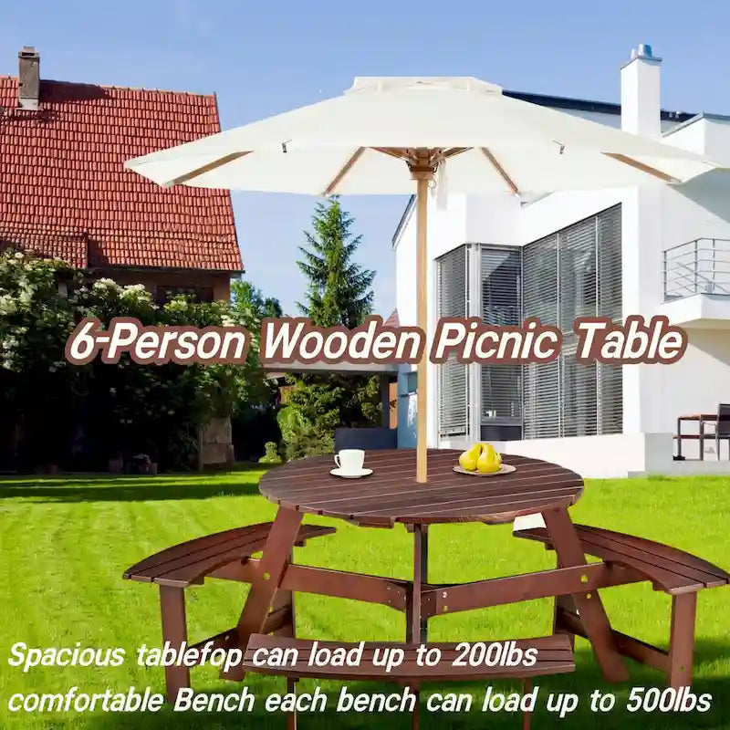 Outdoor 6 Person Picnic Table with 3 Built-in Benches and Umbrella Hole
