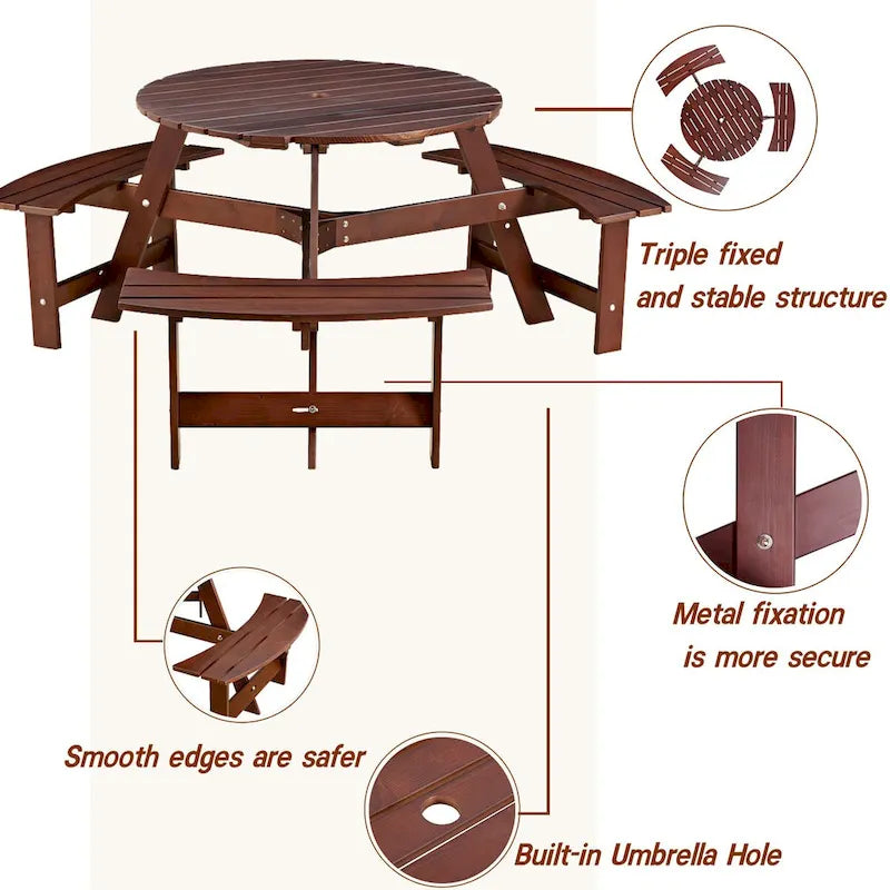 Outdoor 6 Person Picnic Table with 3 Built-in Benches and Umbrella Hole