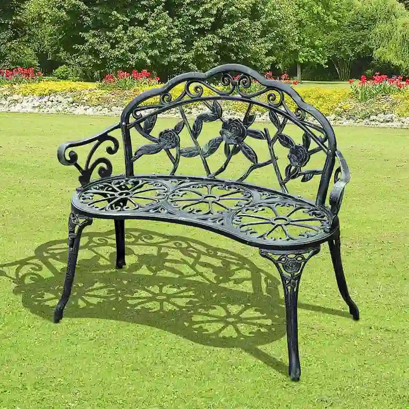 Outsunny Outdoor Bench, Cast Aluminum Outdoor Furniture, Metal Bench with Floral Rose Accent & Antique Finish, Green