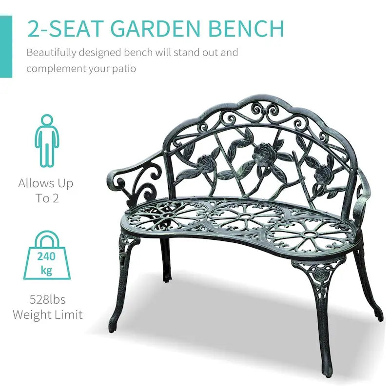 Outsunny Outdoor Bench, Cast Aluminum Outdoor Furniture, Metal Bench with Floral Rose Accent & Antique Finish, Green