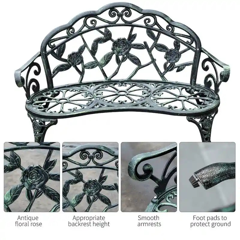 Outsunny Outdoor Bench, Cast Aluminum Outdoor Furniture, Metal Bench with Floral Rose Accent & Antique Finish, Green