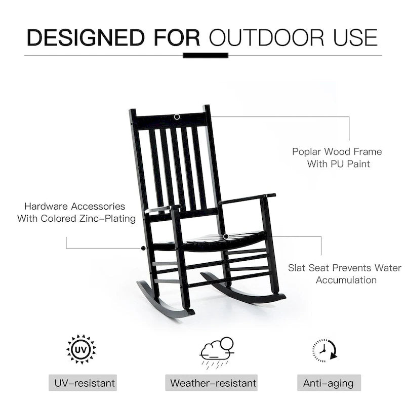 Outdoor High Back Wood Rocking Chair with Smooth Armrests
