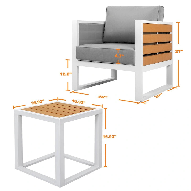 Outdoor Aluminum Sofa Set, Side Table, 2 Armchairs, Cushions