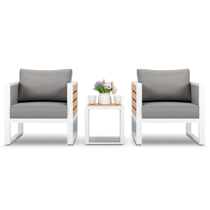 Outdoor Aluminum Sofa Set, Side Table, 2 Armchairs, Cushions