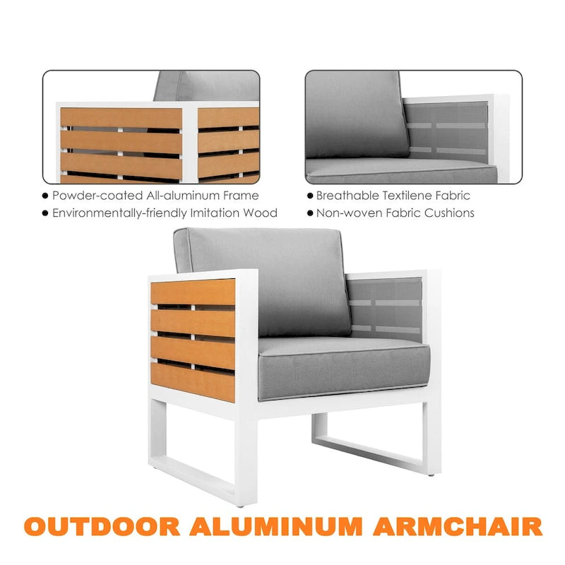 Outdoor Aluminum Sofa Set, Side Table, 2 Armchairs, Cushions