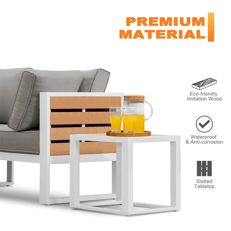 Outdoor Aluminum Sofa Set, Side Table, 2 Armchairs, Cushions
