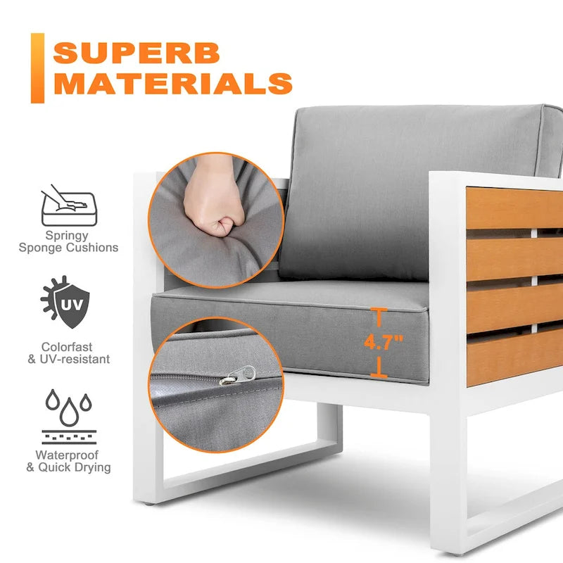 Outdoor Aluminum Sofa Set, Side Table, 2 Armchairs, Cushions