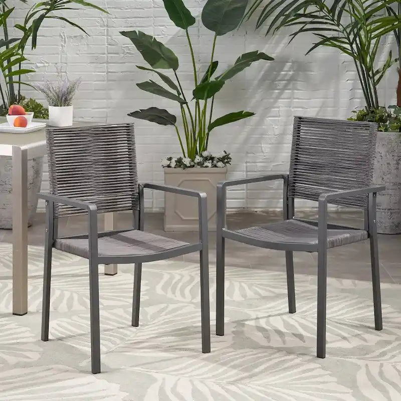 Outdoor Modern Aluminum Dining Chair with Rope Seat (Set of 2), Gray and Dark Gray