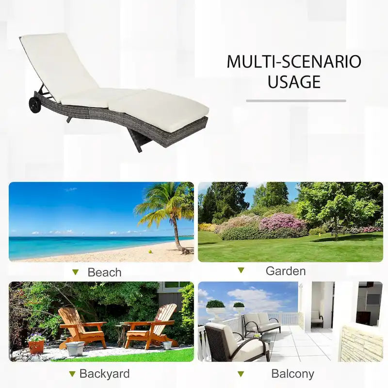 Wicker Chaise Lounge Pool Chair, Cushioned Patio Sun Lounger 5-Level Adjustable Backrest & Wheels for Easy Movement