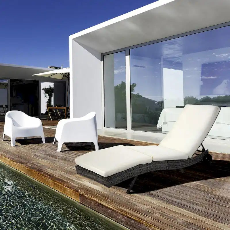 Wicker Chaise Lounge Pool Chair, Cushioned Patio Sun Lounger 5-Level Adjustable Backrest & Wheels for Easy Movement