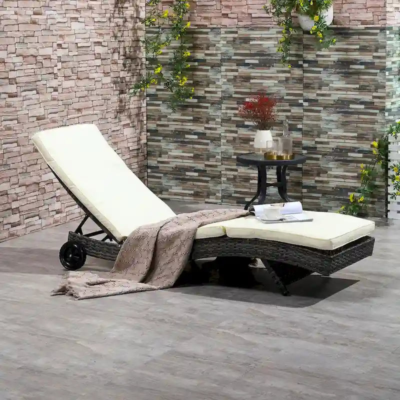 Wicker Chaise Lounge Pool Chair, Cushioned Patio Sun Lounger 5-Level Adjustable Backrest & Wheels for Easy Movement