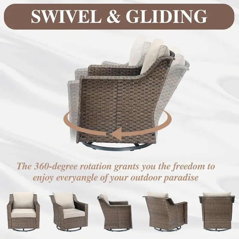 3 Pieces Wicker Swivel Rocking Chairs with Side Table - Brown