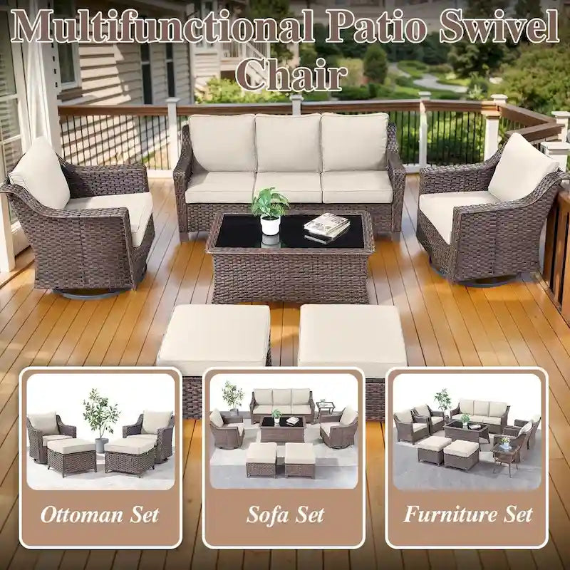 3 Pieces Wicker Swivel Rocking Chairs with Side Table - Brown