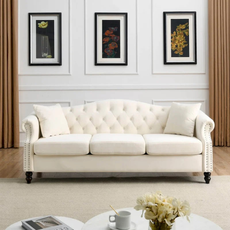 Velvet Chesterfield Sofa with Rolled Arms & Nailhead Trim – Grey / Beige, Button-Tufted, Seats 3