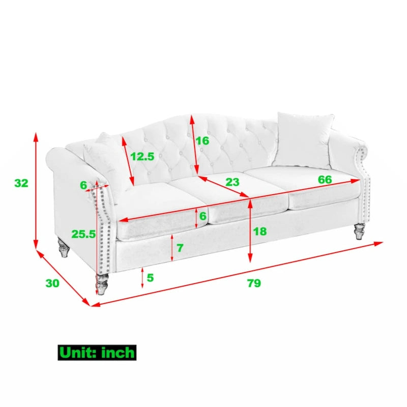 Velvet Chesterfield Sofa with Rolled Arms & Nailhead Trim – Grey / Beige, Button-Tufted, Seats 3
