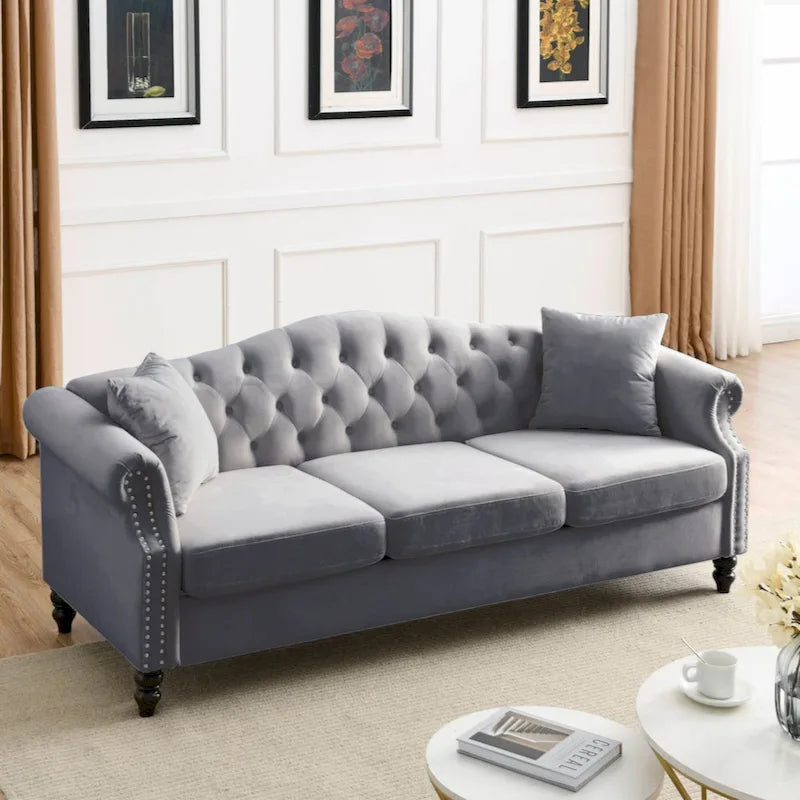 Velvet Chesterfield Sofa with Rolled Arms & Nailhead Trim – Grey / Beige, Button-Tufted, Seats 3
