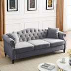 Velvet Chesterfield Sofa with Rolled Arms & Nailhead Trim – Grey / Beige, Button-Tufted, Seats 3