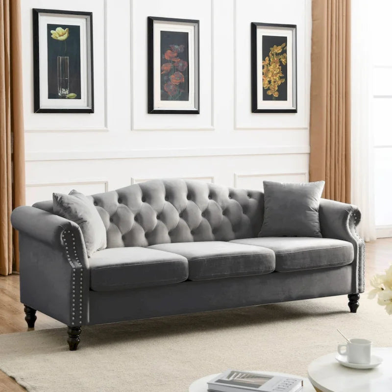 Velvet Chesterfield Sofa with Rolled Arms & Nailhead Trim – Grey / Beige, Button-Tufted, Seats 3