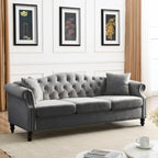 Velvet Chesterfield Sofa with Rolled Arms & Nailhead Trim – Grey / Beige, Button-Tufted, Seats 3