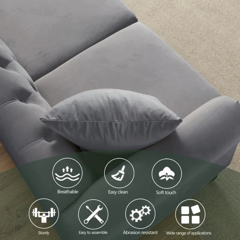 Velvet Chesterfield Sofa with Rolled Arms & Nailhead Trim – Grey / Beige, Button-Tufted, Seats 3
