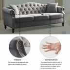 Velvet Chesterfield Sofa with Rolled Arms & Nailhead Trim – Grey / Beige, Button-Tufted, Seats 3
