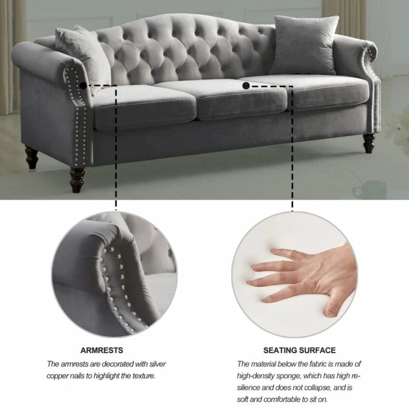 Velvet Chesterfield Sofa with Rolled Arms & Nailhead Trim – Grey / Beige, Button-Tufted, Seats 3