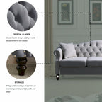 Velvet Chesterfield Sofa with Rolled Arms & Nailhead Trim – Grey / Beige, Button-Tufted, Seats 3