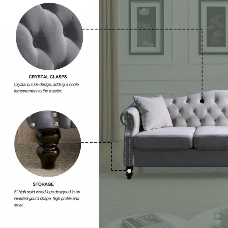 Velvet Chesterfield Sofa with Rolled Arms & Nailhead Trim – Grey / Beige, Button-Tufted, Seats 3
