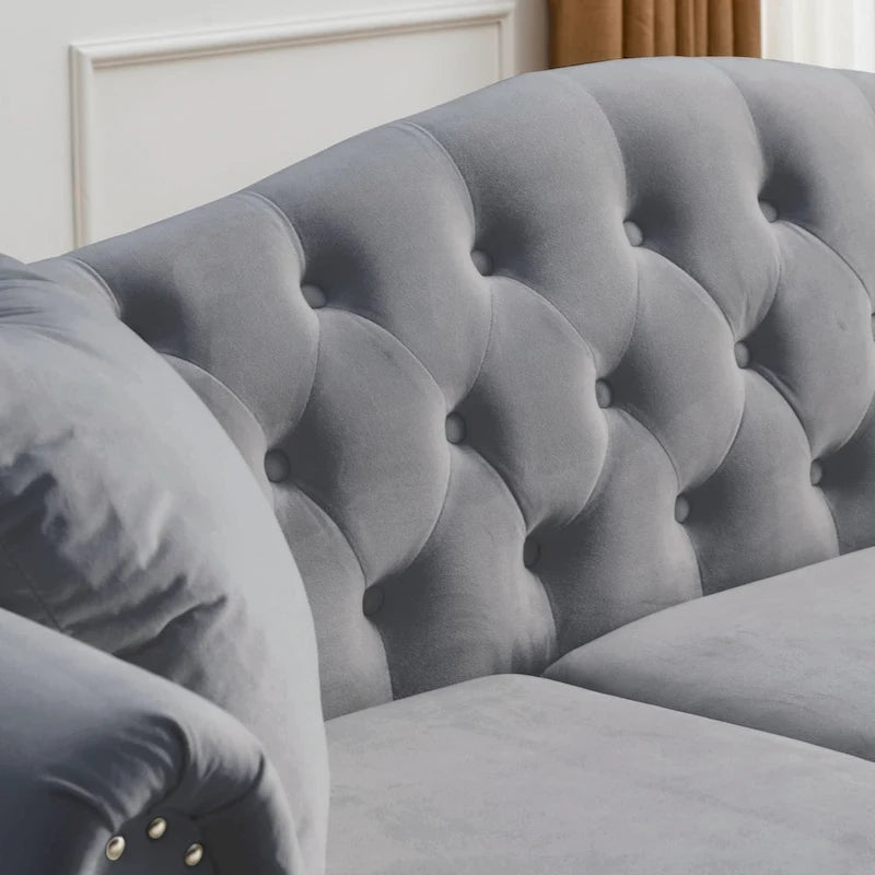 Velvet Chesterfield Sofa with Rolled Arms & Nailhead Trim – Grey / Beige, Button-Tufted, Seats 3