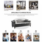Velvet Chesterfield Sofa with Rolled Arms & Nailhead Trim – Grey / Beige, Button-Tufted, Seats 3