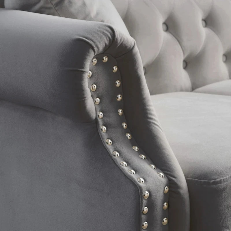 Velvet Chesterfield Sofa with Rolled Arms & Nailhead Trim – Grey / Beige, Button-Tufted, Seats 3
